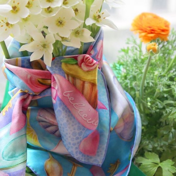 100% silk square scarf turquoise lilac floral wrap "Believe" Victorian tea party - Picture 5 of 8